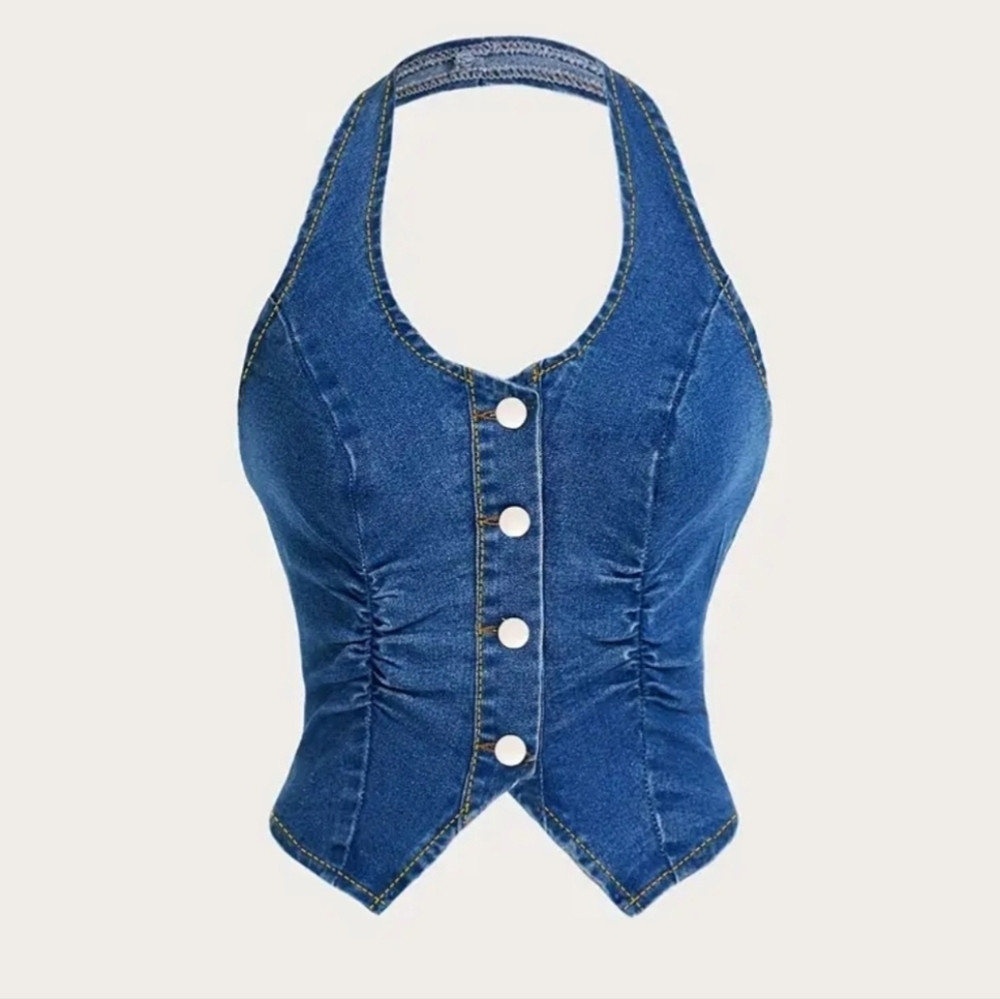 Denim Halter Button-Front Women’s Top - Blue SZ Small